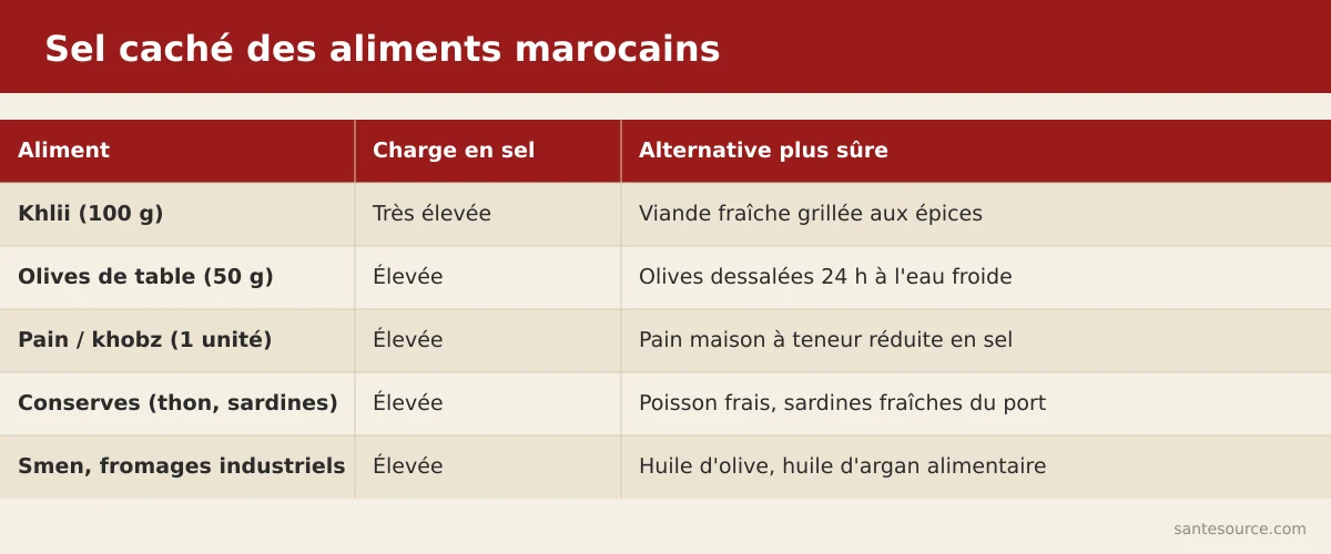 Comparatif du sel caché dans les aliments marocains du quotidien : khlii, olives, pain, conserves et leurs alternatives plus sûres