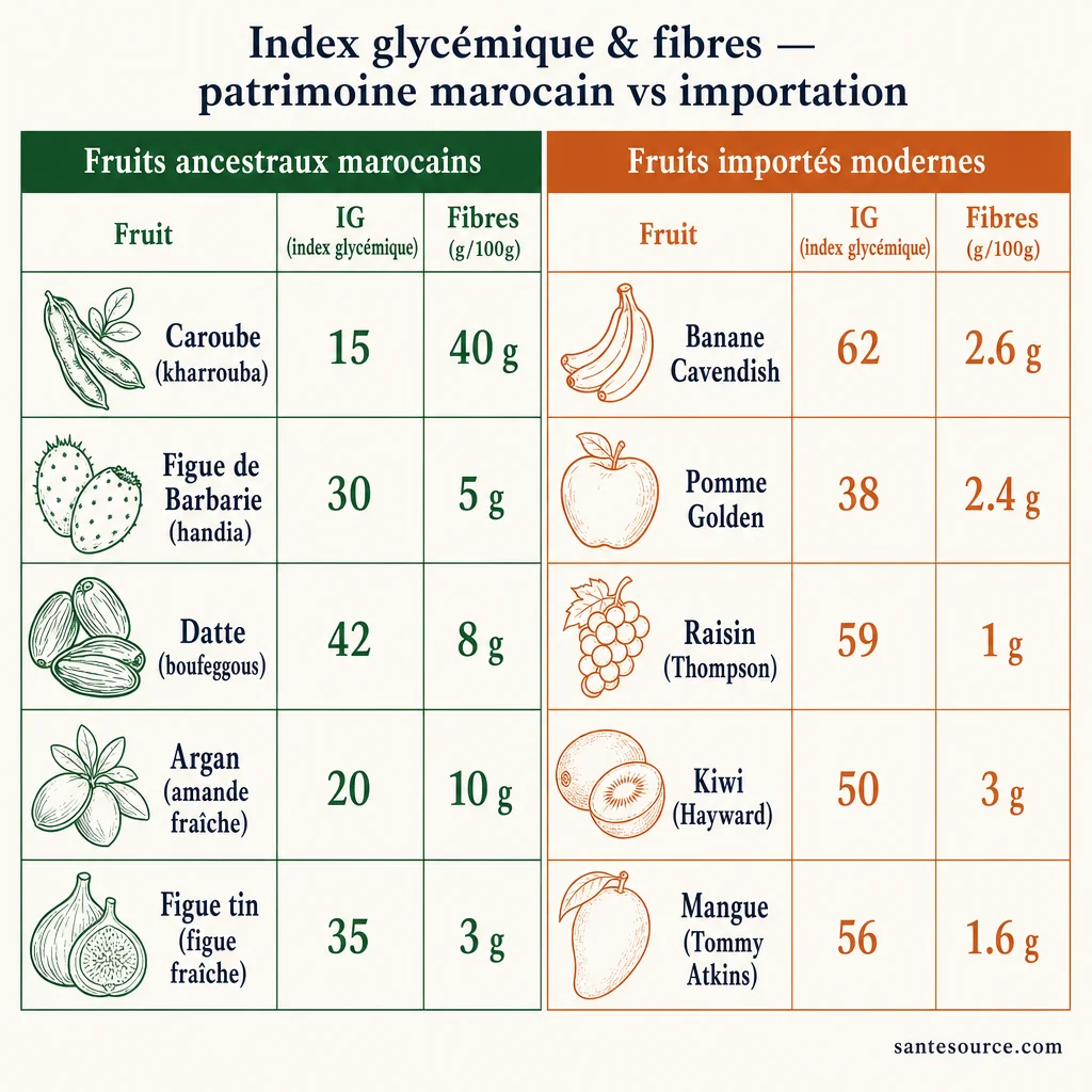 Tableau comparatif index glycémique et fibres : fruits marocains ancestraux (caroube, handia, datte, argan, figue tin) versus fruits importés (banane Cavendish, pomme Golden, raisin, kiwi, mangue)