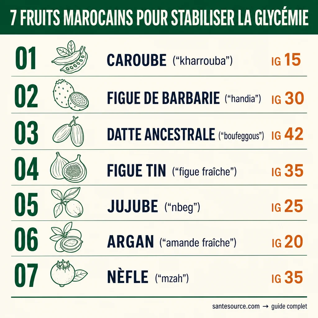 Carte récapitulative des sept fruits marocains à privilégier pour stabiliser la glycémie : caroube (kharrouba), figue de Barbarie (handia), datte ancestrale (boufeggous), figue tin, jujube (nbeg), argan, nèfle (mzah)