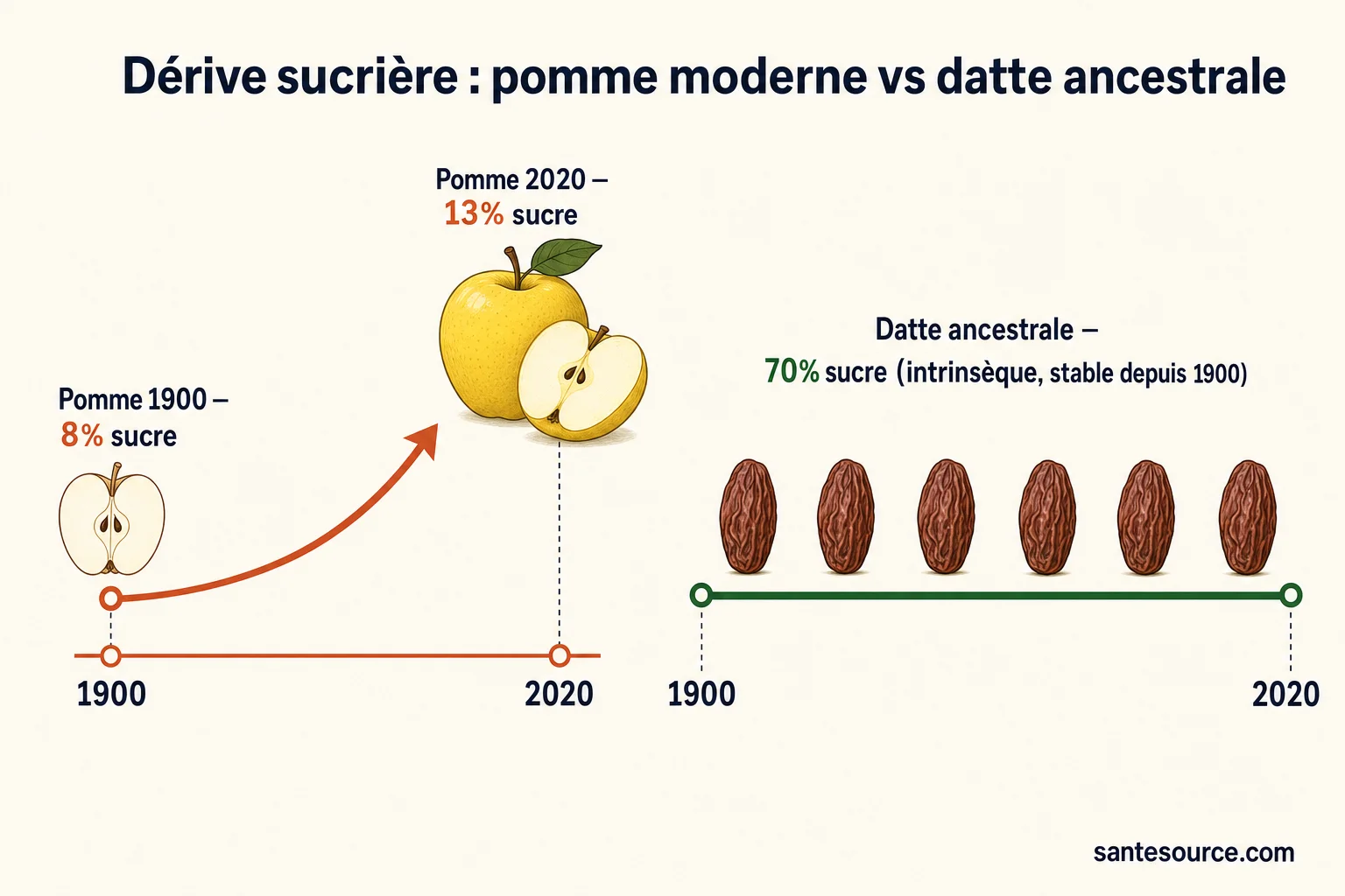 Schéma horizontal : dérive sucrière de la pomme moderne (8 % en 1900 → 13 % en 2020) versus stabilité du sucre intrinsèque de la datte ancestrale (70 %, patrimoine fruitier marocain)