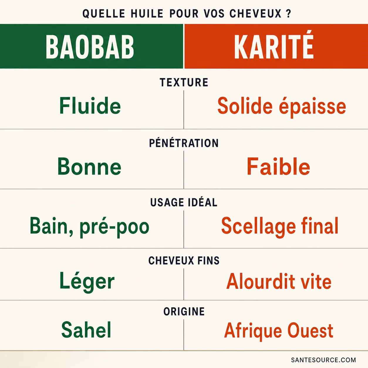 Comparaison huile de baobab, beurre de karité et huile de coco pour cheveux crépus secs