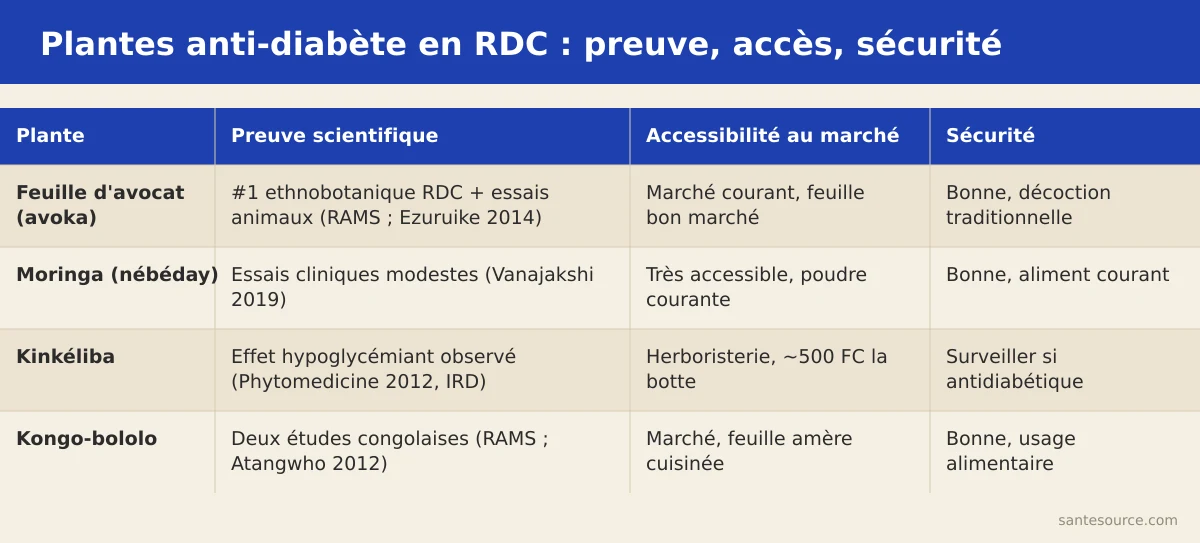 Comparaison feuille d'avocat, moringa, kinkéliba et kongo-bololo : preuve scientifique, accessibilité au marché et niveau de sécurité