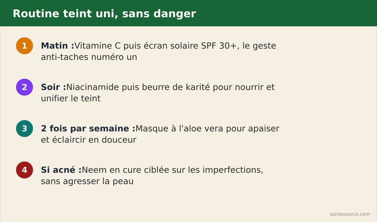Récapitulatif visuel de la routine teint-unifiant matin et soir sans danger