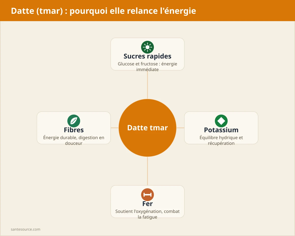 Carte mentale des apports anti-fatigue de la datte tmar : sucres rapides, potassium, fer et fibres