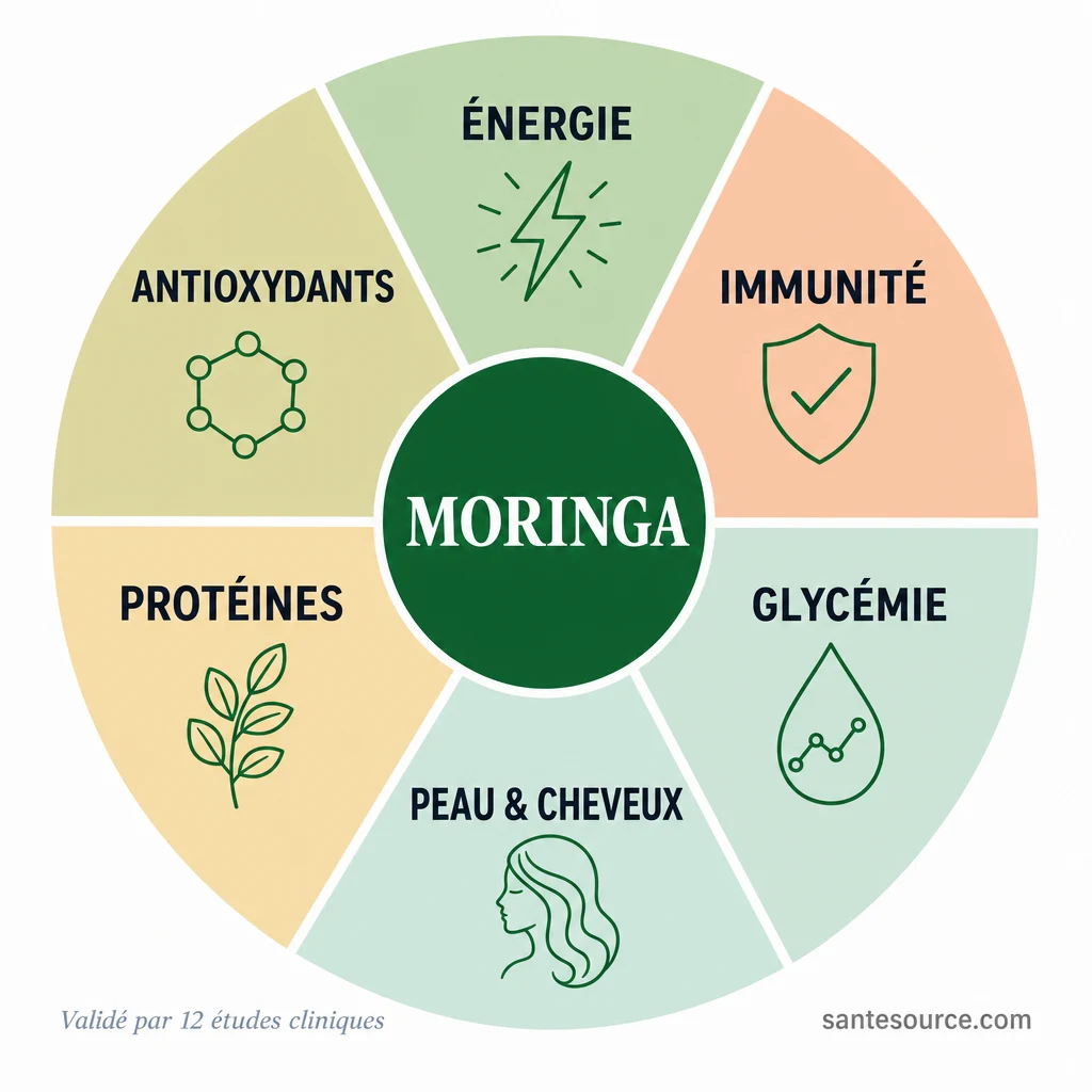 Mindmap des 6 bienfaits du moringa validés par la science