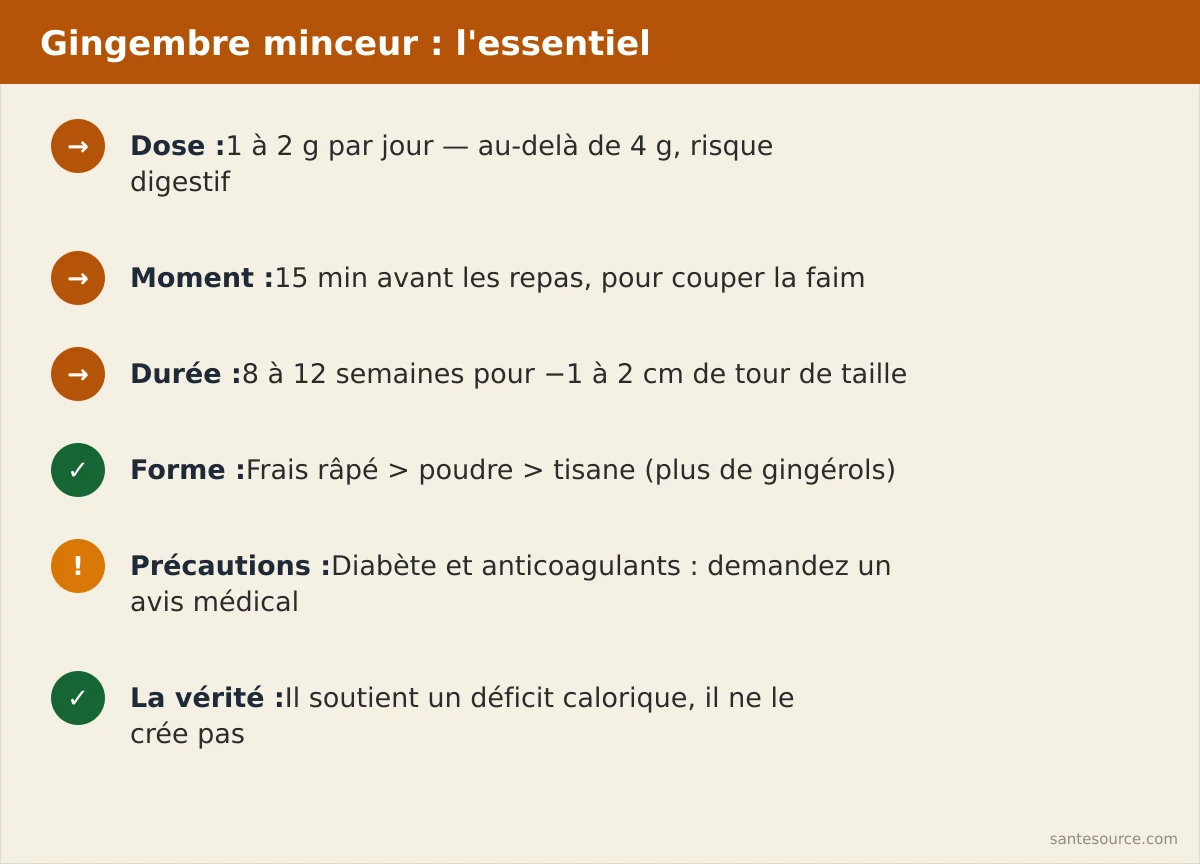 Récapitulatif : dose 1 à 2 g par jour, moment avant les repas, durée 8 à 12 semaines, précautions diabète et anticoagulants