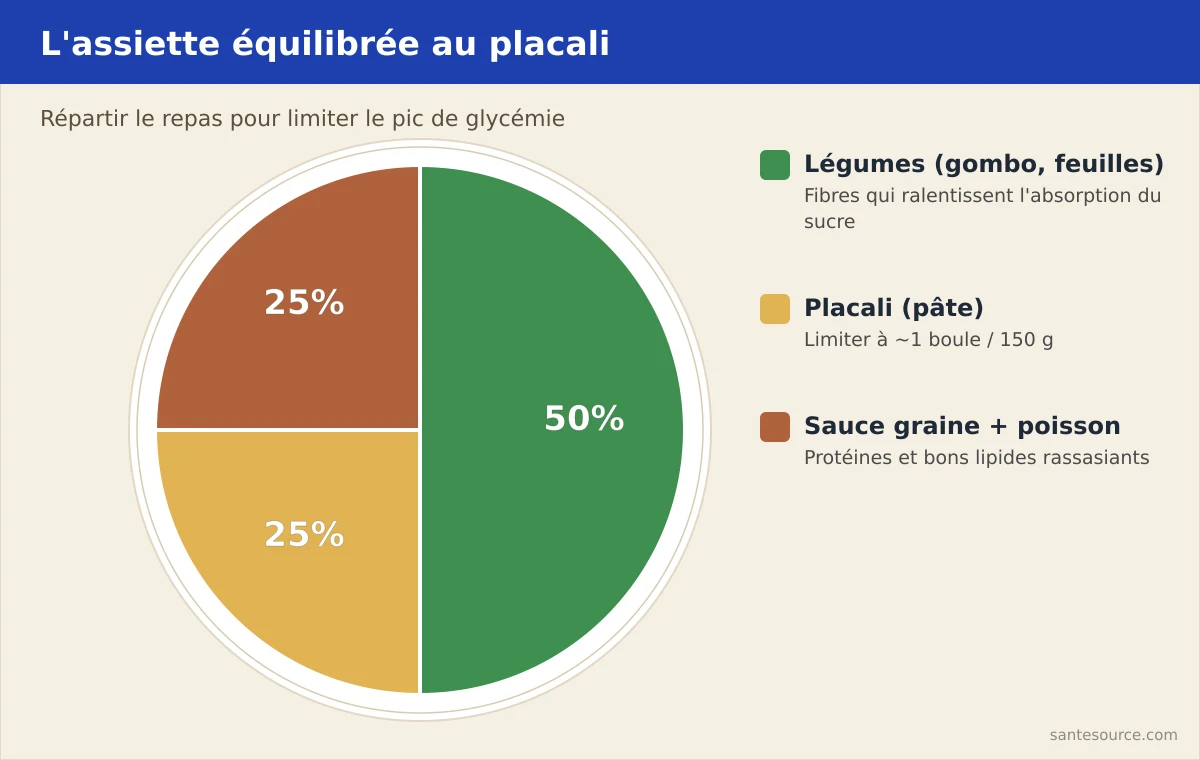 Assiette équilibrée de placali avec sauce graine, gombo et poisson pour un diabétique