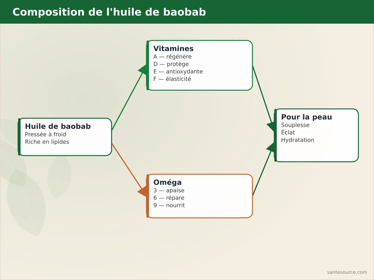 Carte mentale de la composition de l'huile de baobab : vitamines A, D, E, F et acides gras omégas 3, 6, 9