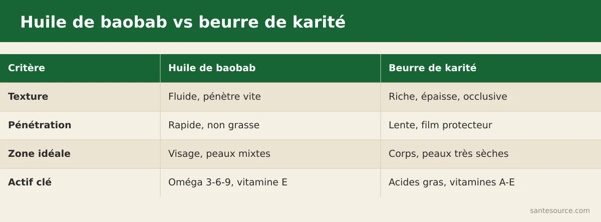 Comparaison côte à côte de l'huile de baobab et du beurre de karité : texture, pénétration, zone idéale