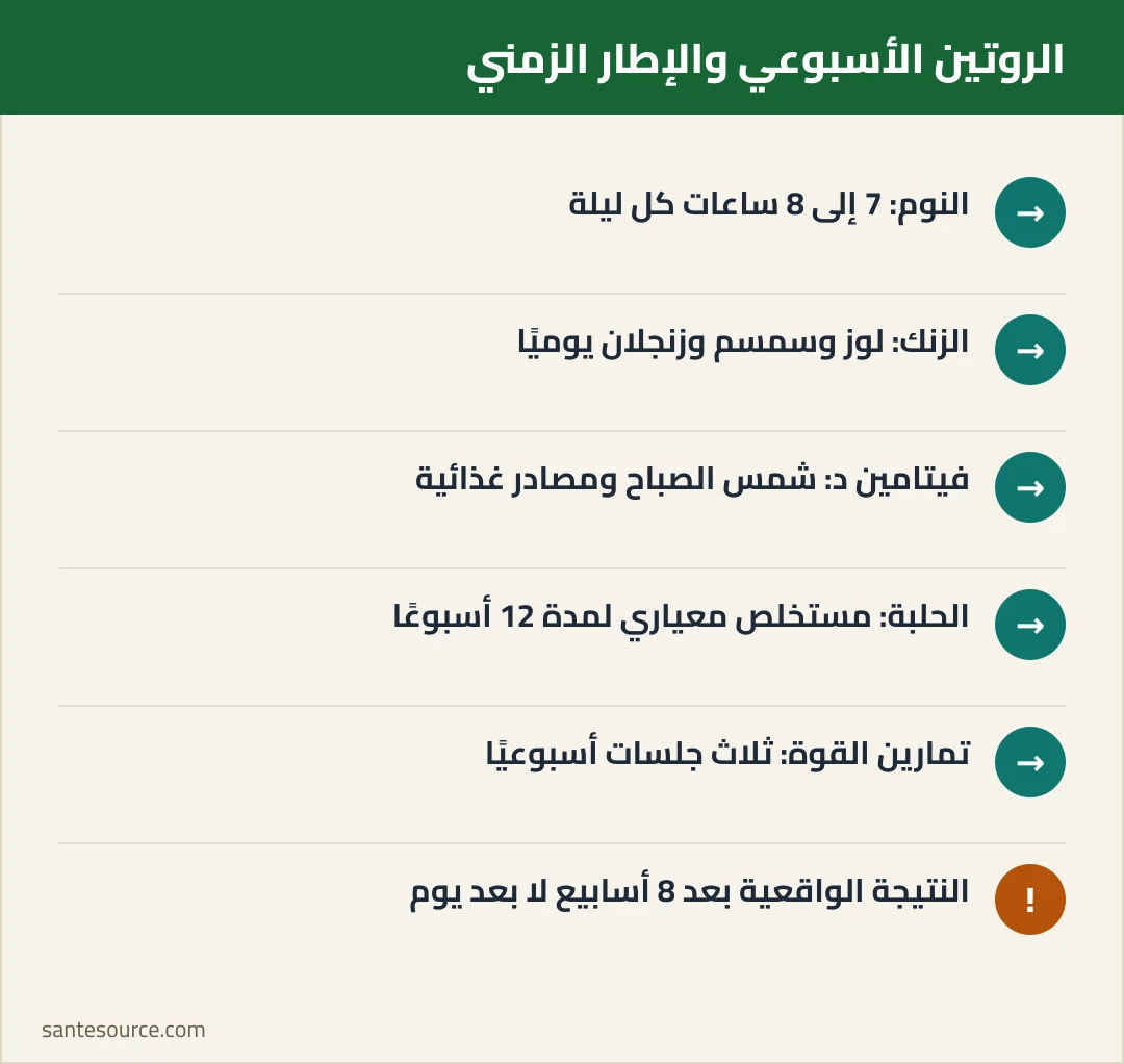 ملخص الروتين الأسبوعي لرفع التستوستيرون مع التأطير الزمني لكل عنصر