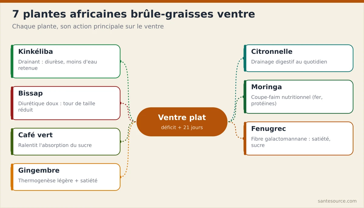 Carte mentale des 7 plantes africaines brûle-graisses ventre : kinkéliba, bissap, café vert, gingembre, citronnelle, moringa, fenugrec avec leur action principale