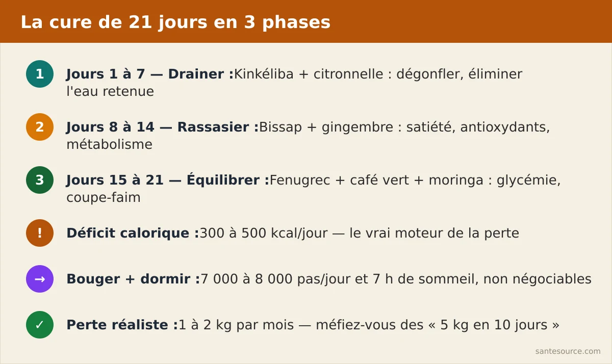 Récapitulatif visuel de la cure brûle-graisses de 21 jours en trois semaines avec plantes et objectifs par phase
