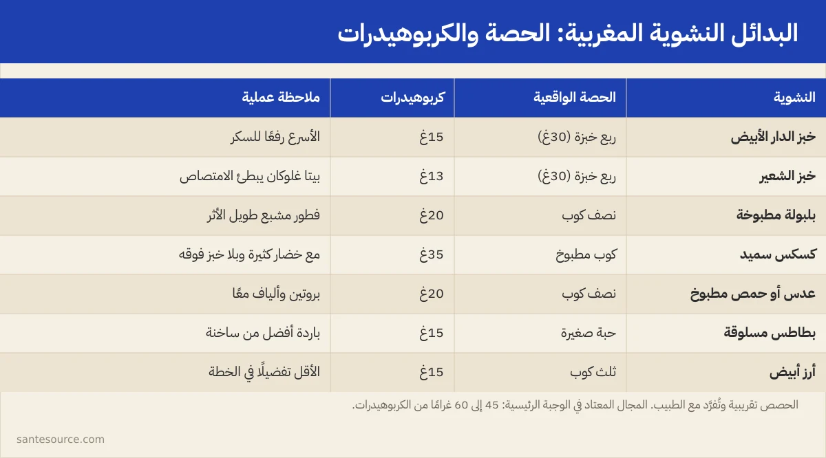 بطاقة مقارنة للنشويات المغربية: خبز الشعير والبلبولة والقطاني مقابل الخبز الأبيض والأرز