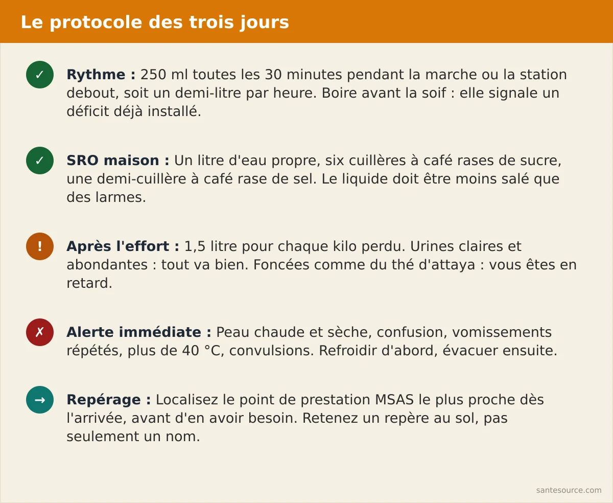 Récapitulatif du protocole d'hydratation sur trois jours de Magal : 250 ml toutes les trente minutes, SRO, point de soin