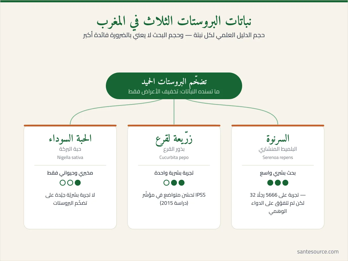 خريطة ذهنية لنباتات البروستات المغربية: السرنوة وزرّيعة لقرع والحبة السوداء ومستوى الدليل العلمي لكل منها