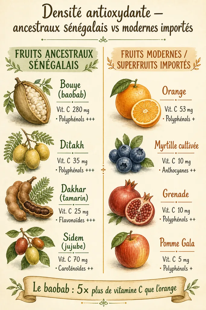 Tableau comparatif teneur en vitamine C et polyphénols : bouye, ditakh, dakhar, sidem contre orange, myrtille cultivée, grenade importée
