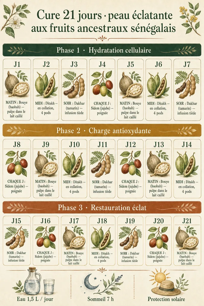 Carte récapitulative de la cure 21 jours peau éclatante avec bouye matin, ditakh midi, dakhar soir, aliments structurants