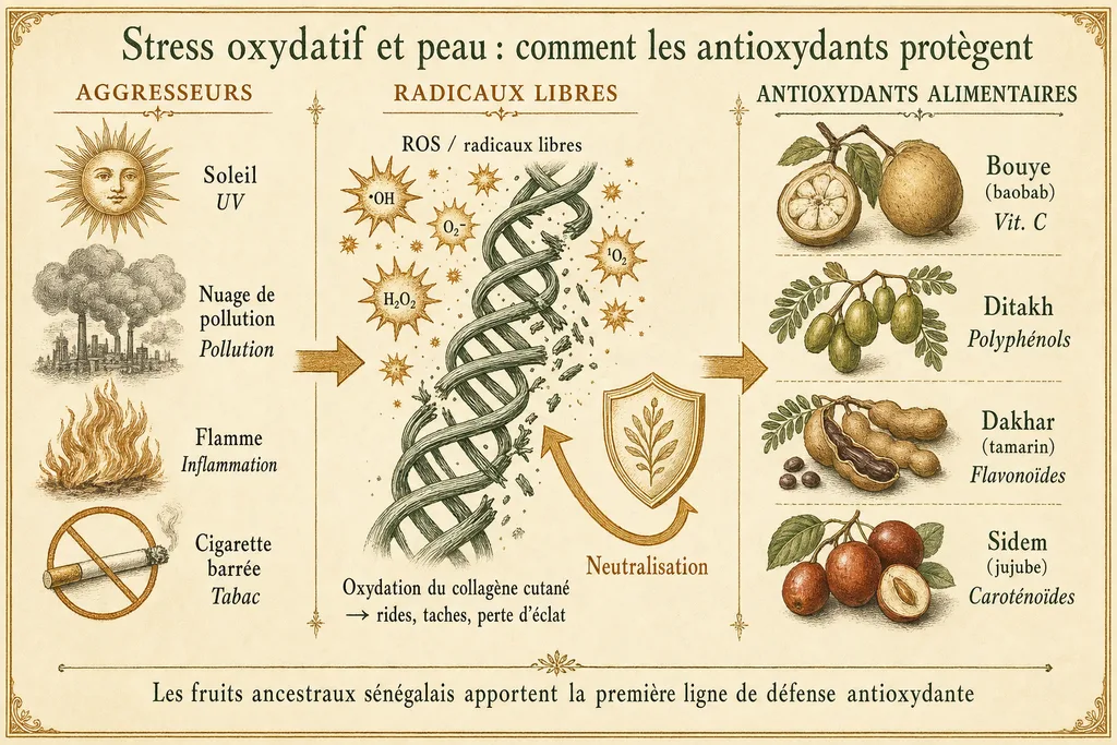 Schéma du stress oxydatif sur la peau : soleil, pollution, inflammation génèrent des radicaux libres neutralisés par les antioxydants alimentaires