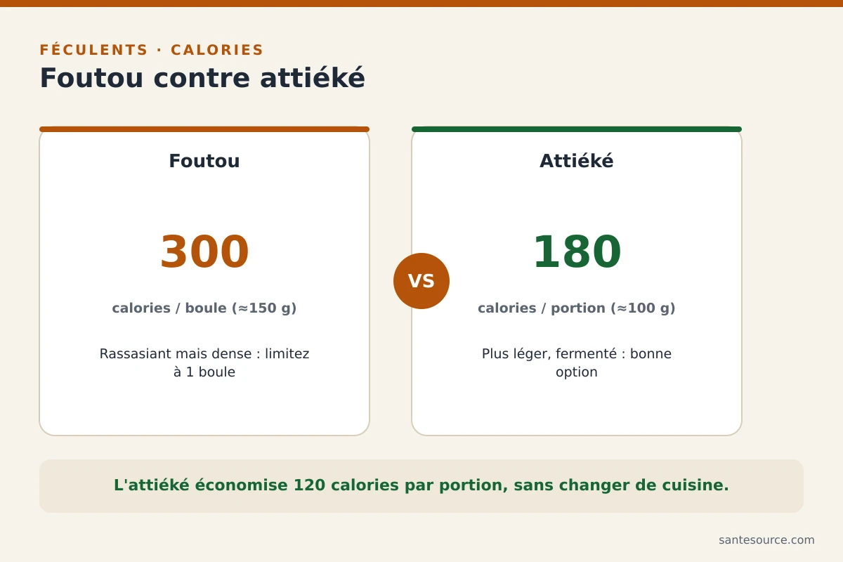 Comparaison calorique des féculents africains : 1 boule de foutou 300 cal contre 1 portion d'attiéké 180 cal