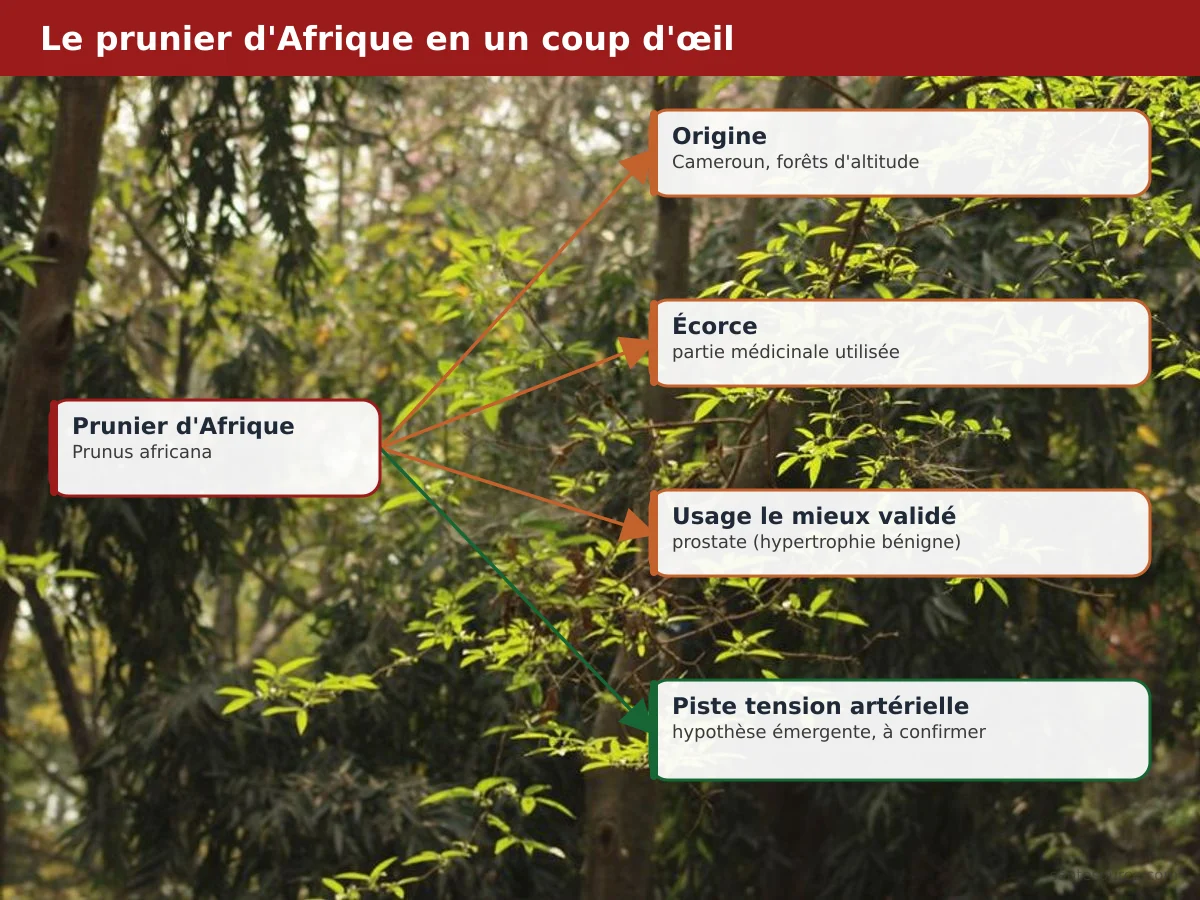 Carte mentale du prunier d'Afrique : origine camerounaise, écorce, usages prostate et piste tension artérielle
