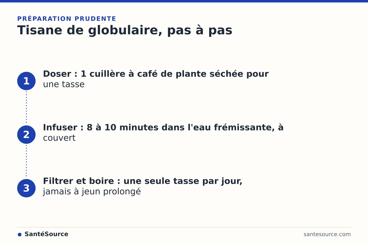 Étapes de préparation de la tisane de globulaire ain larnab : dose, infusion, filtration