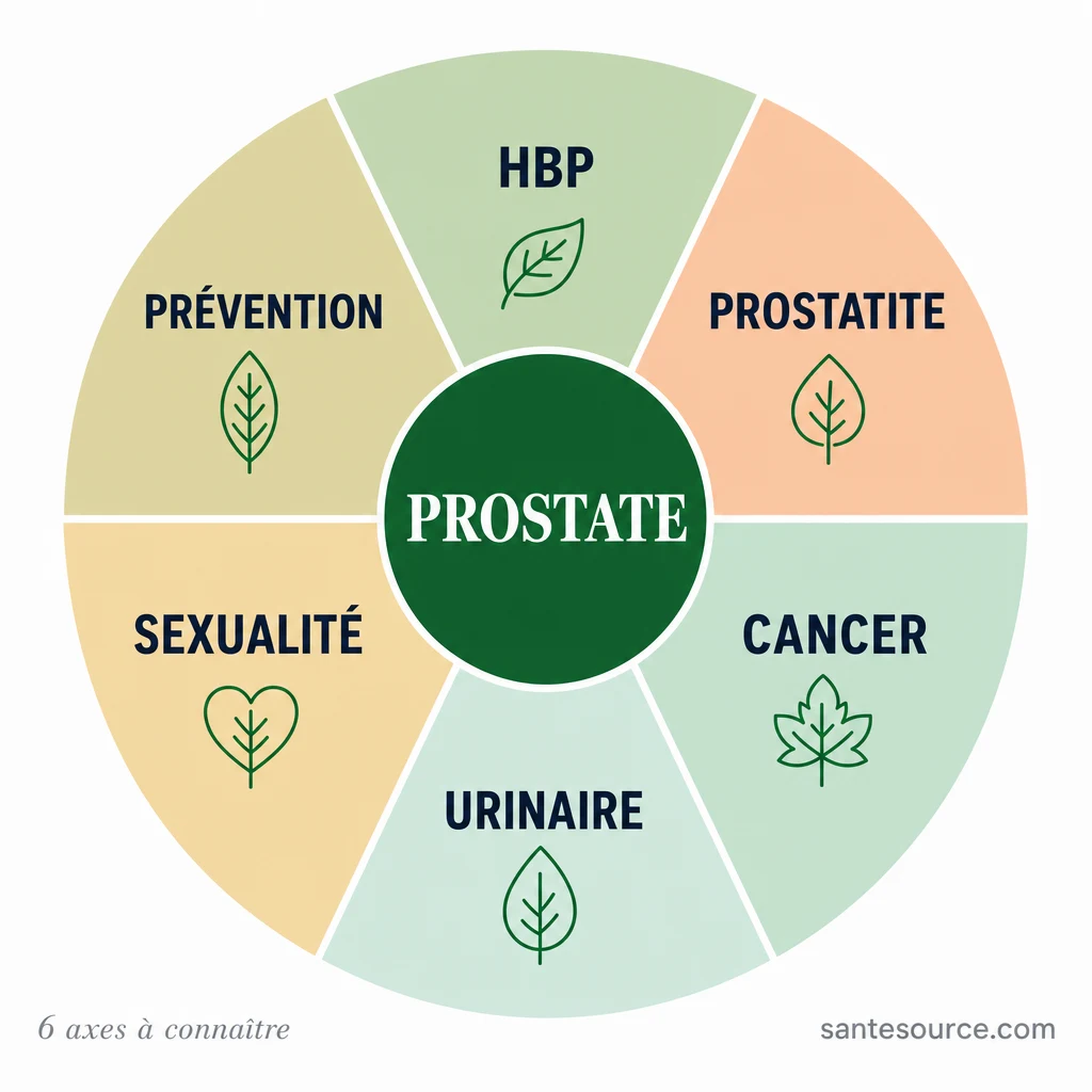 Mindmap des 6 axes principaux de la santé prostatique