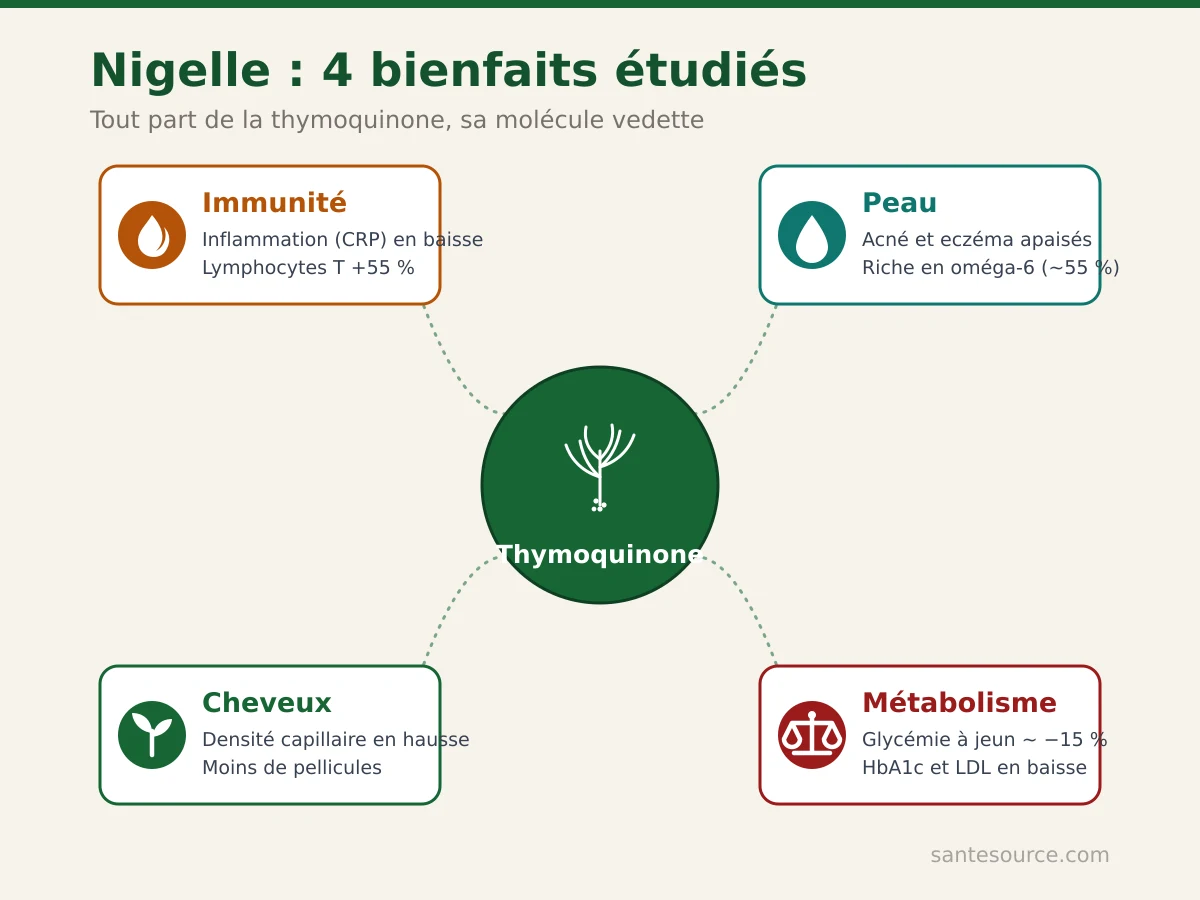 Carte mentale des bienfaits de la nigelle : immunité, peau, cheveux et métabolisme reliés à la thymoquinone