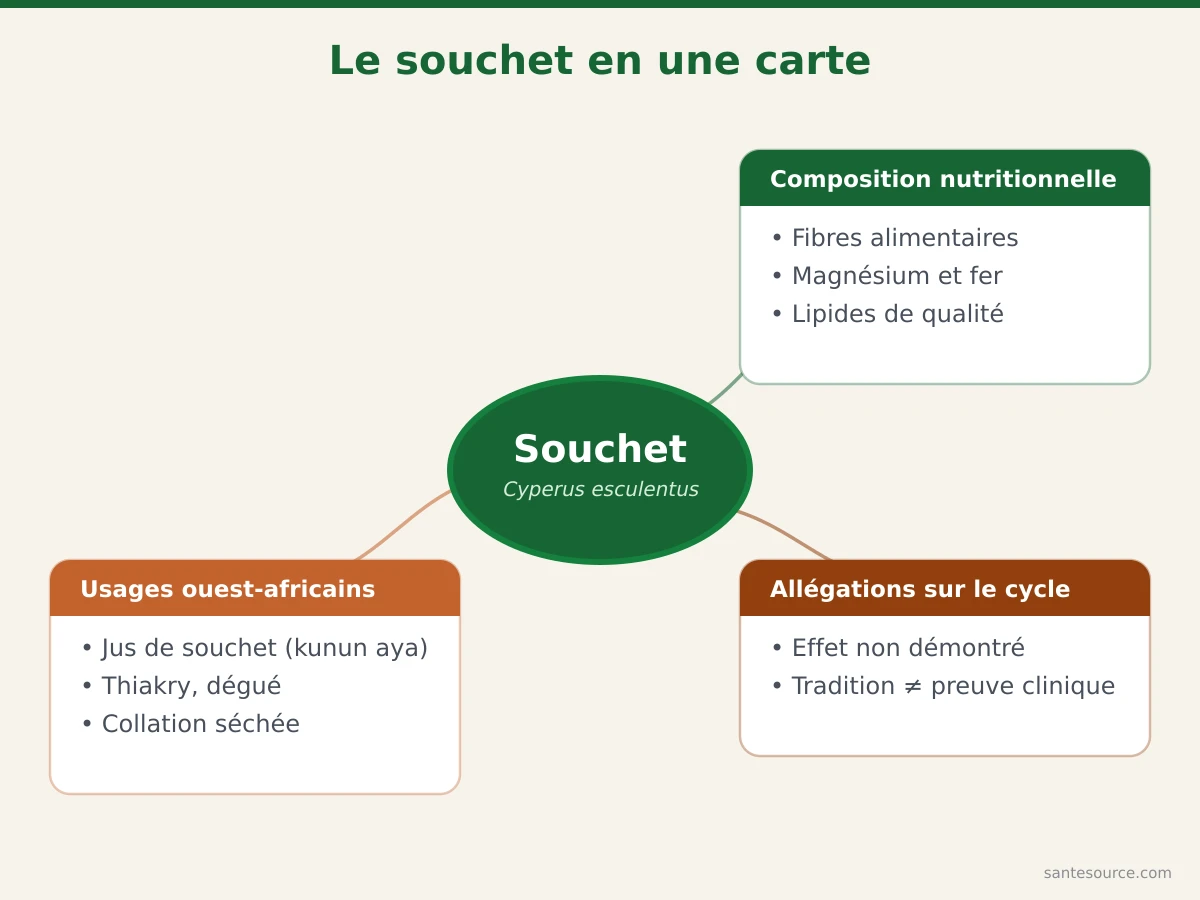 Carte mentale du souchet pour la femme : composition nutritionnelle, usages alimentaires ouest-africains et limites des allégations sur le cycle