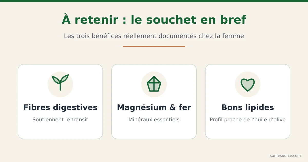 Récapitulatif des trois bienfaits du souchet réellement documentés chez la femme : fibres digestives, magnésium et fer, profil lipidique de qualité
