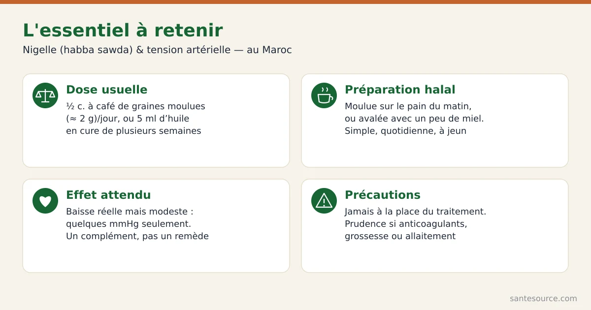 Récapitulatif des points clés sur la nigelle et la tension : dose de graines, préparations habba sawda, précautions anticoagulants et antihypertenseurs