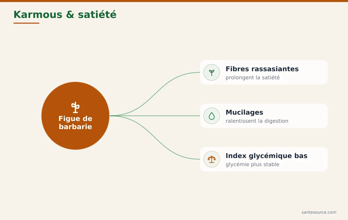 Carte mentale : fibres, mucilages et index glycémique de la figue de barbarie reliés à la satiété et au déficit calorique