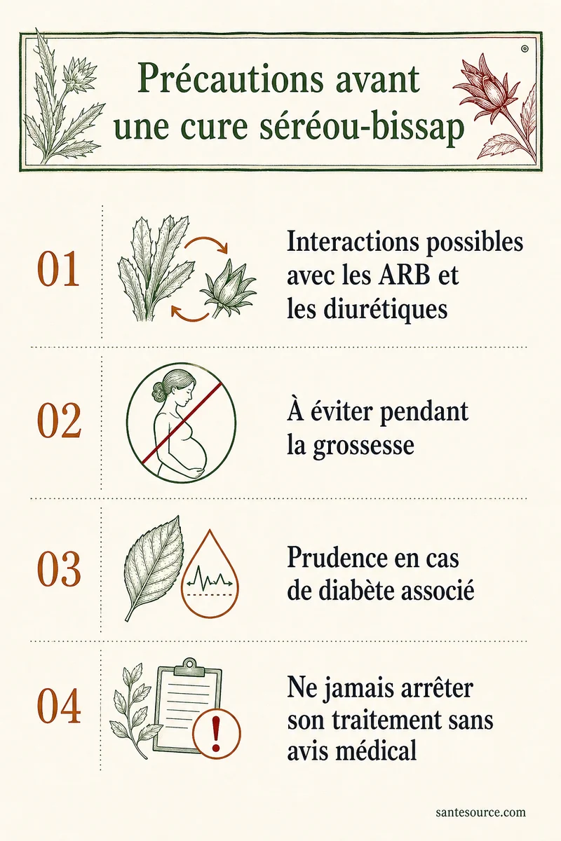 Carte récapitulative des précautions : interactions avec les ARB et diurétiques, grossesse, comorbidité diabète, ne jamais arrêter son traitement