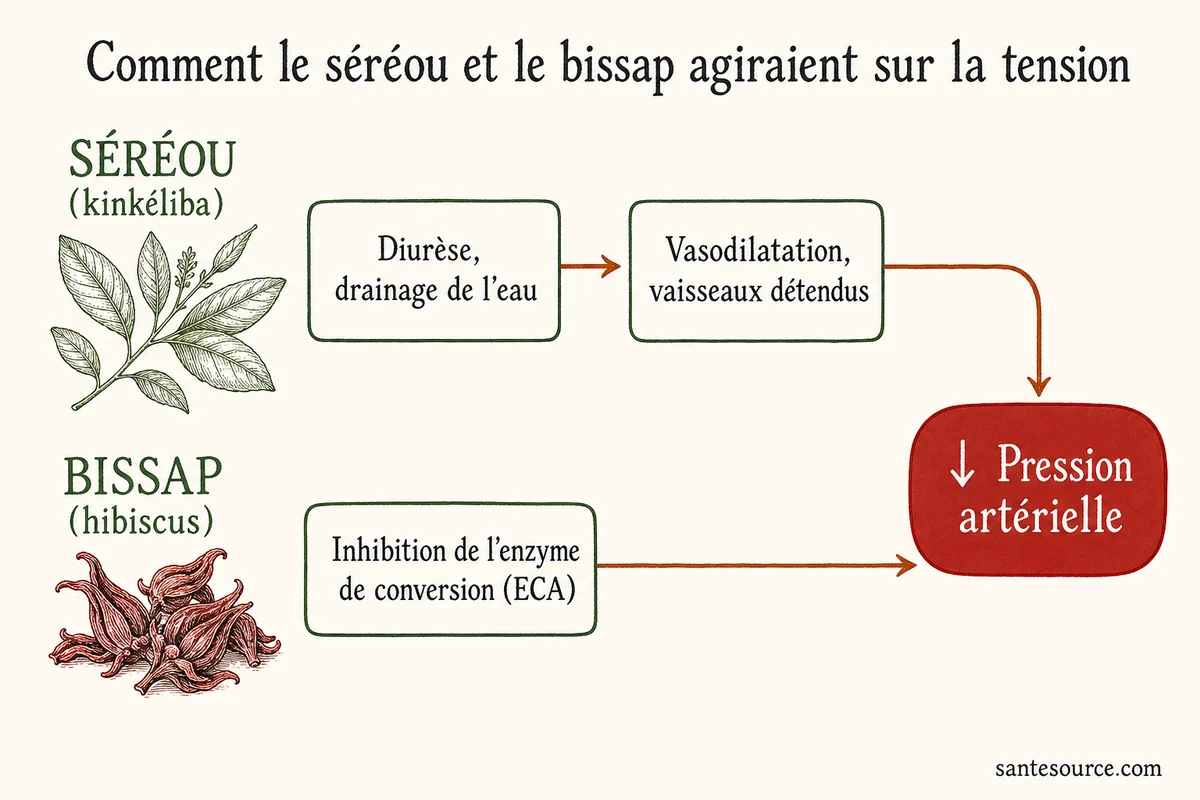 Schéma de l'action du séréou (kinkeliba) et du bissap sur la pression artérielle : diurèse, vasodilatation et inhibition de l'enzyme de conversion