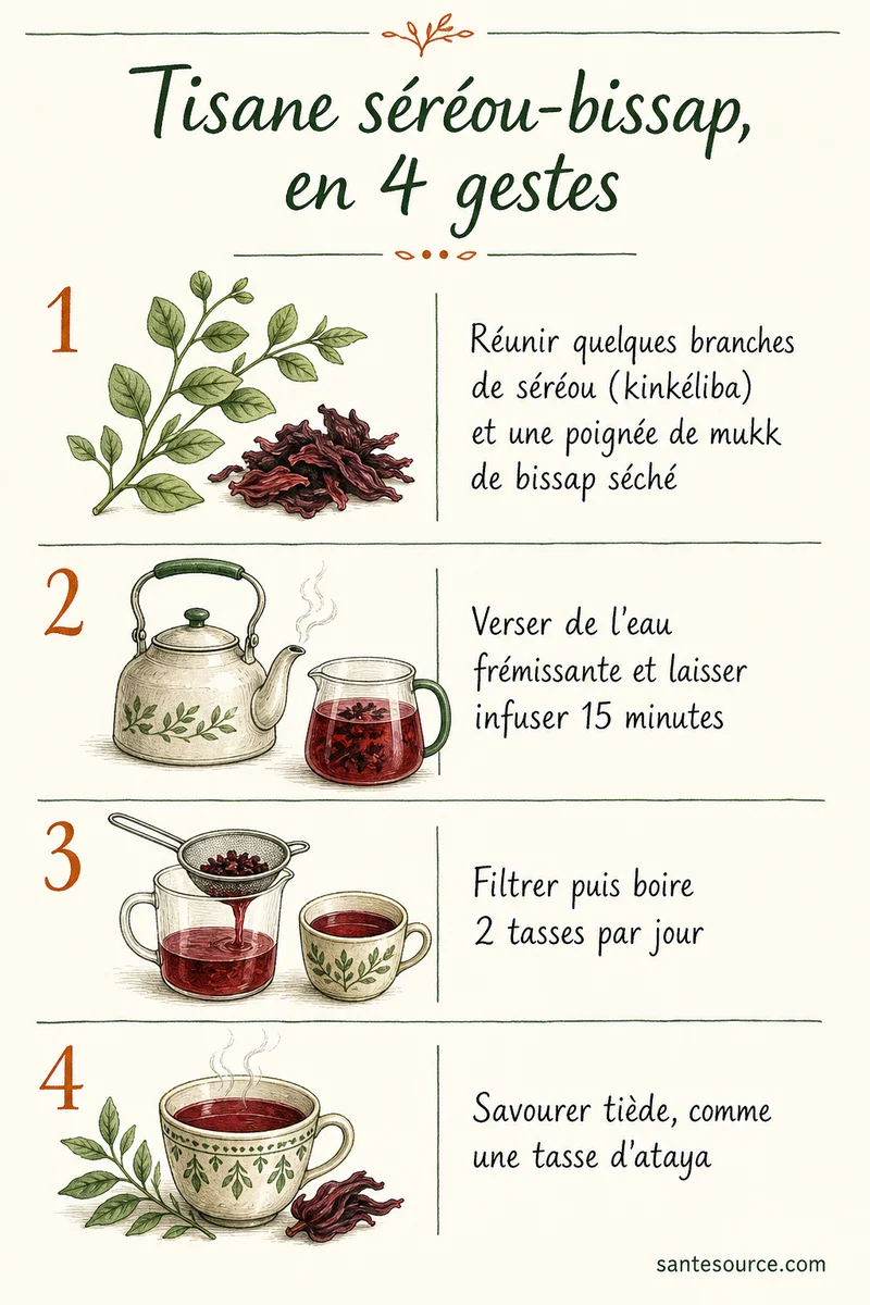 Étapes de préparation de la tisane kinkeliba-bissap à la sénégalaise : branches de séréou, mukk de bissap séché, infusion quinze minutes, deux tasses par jour