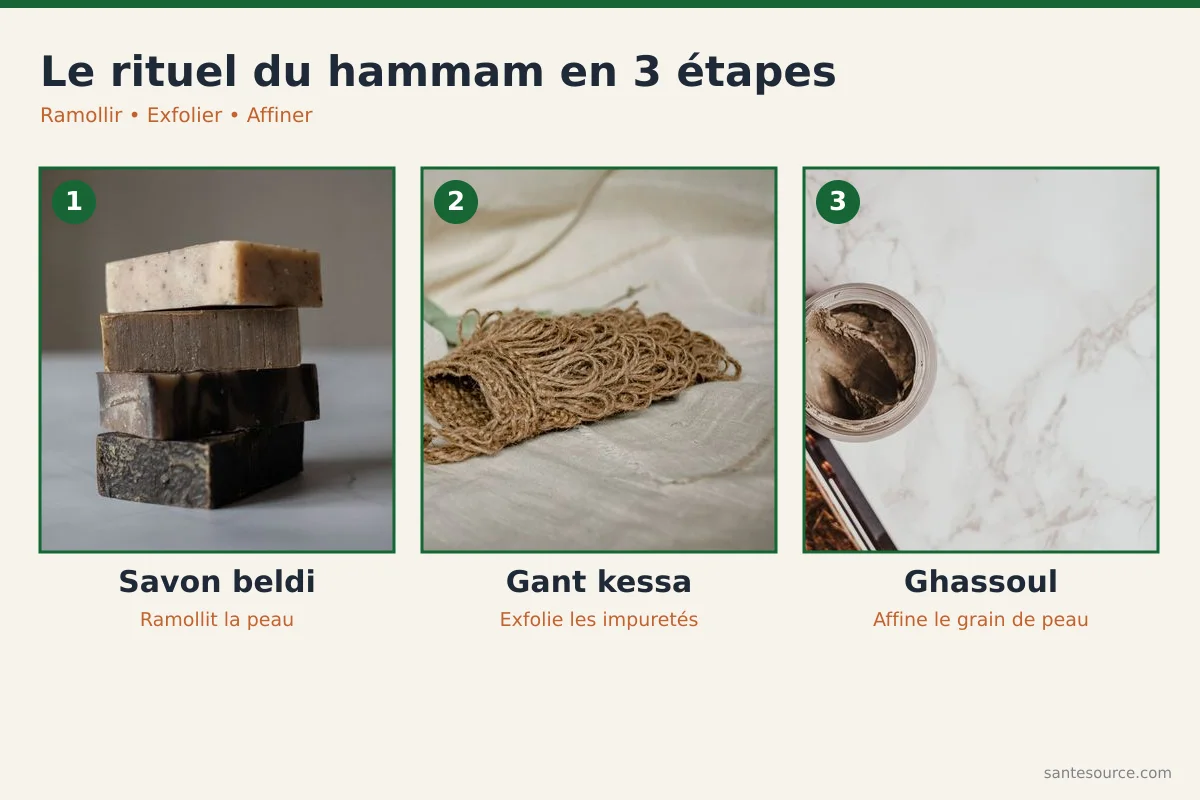 Les trois étapes du rituel du hammam marocain : savon beldi, gant kessa, ghassoul