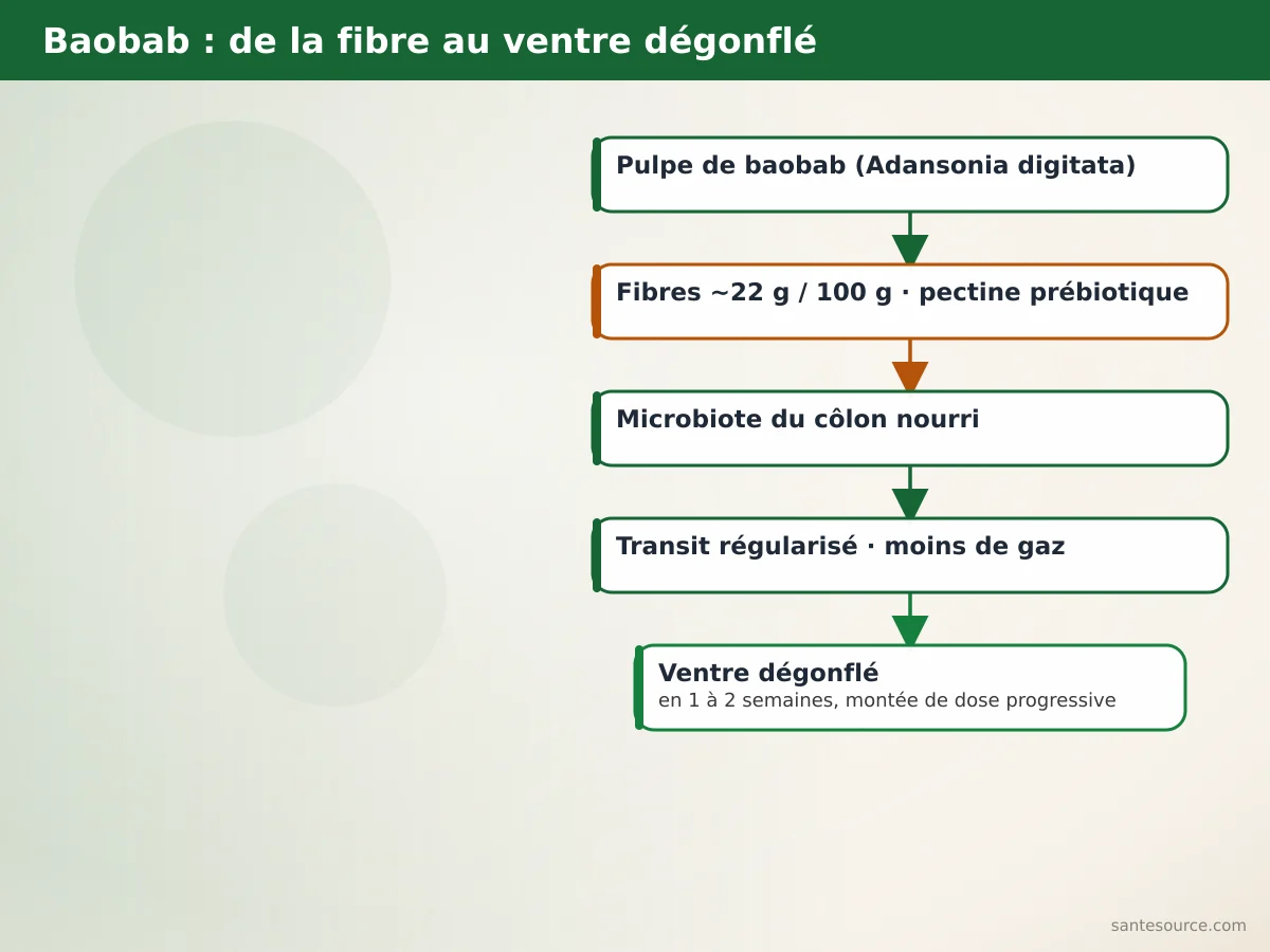 Carte mentale du baobab et du ventre gonflé : pulpe riche en pectine 22 g pour 100 g, microbiote nourri, transit régularisé, ballonnement réduit