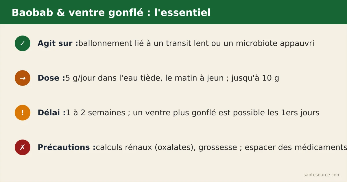 Récapitulatif baobab et ventre gonflé : agit sur transit lent et microbiote, dose 5 g par jour, délai une à deux semaines, précautions calculs rénaux