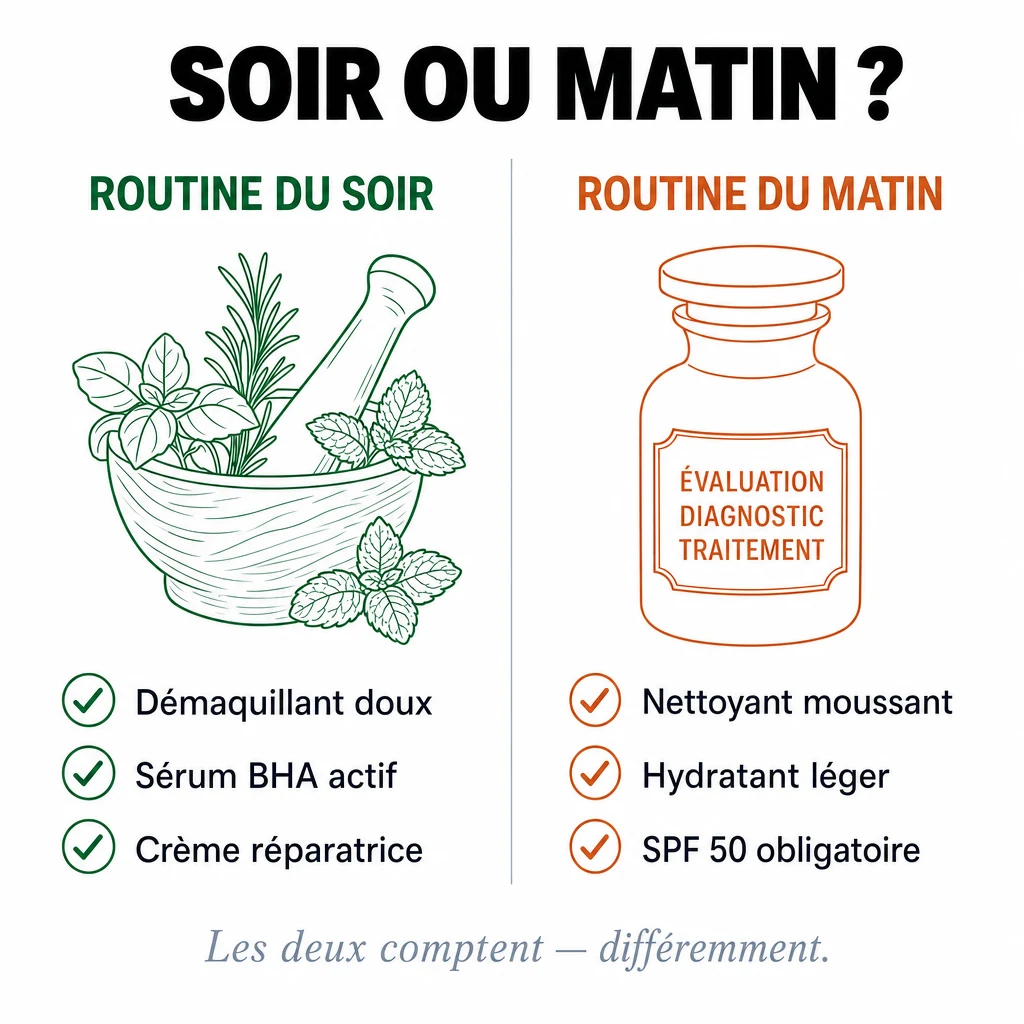 Comparaison routine peau grasse soir vs matin
