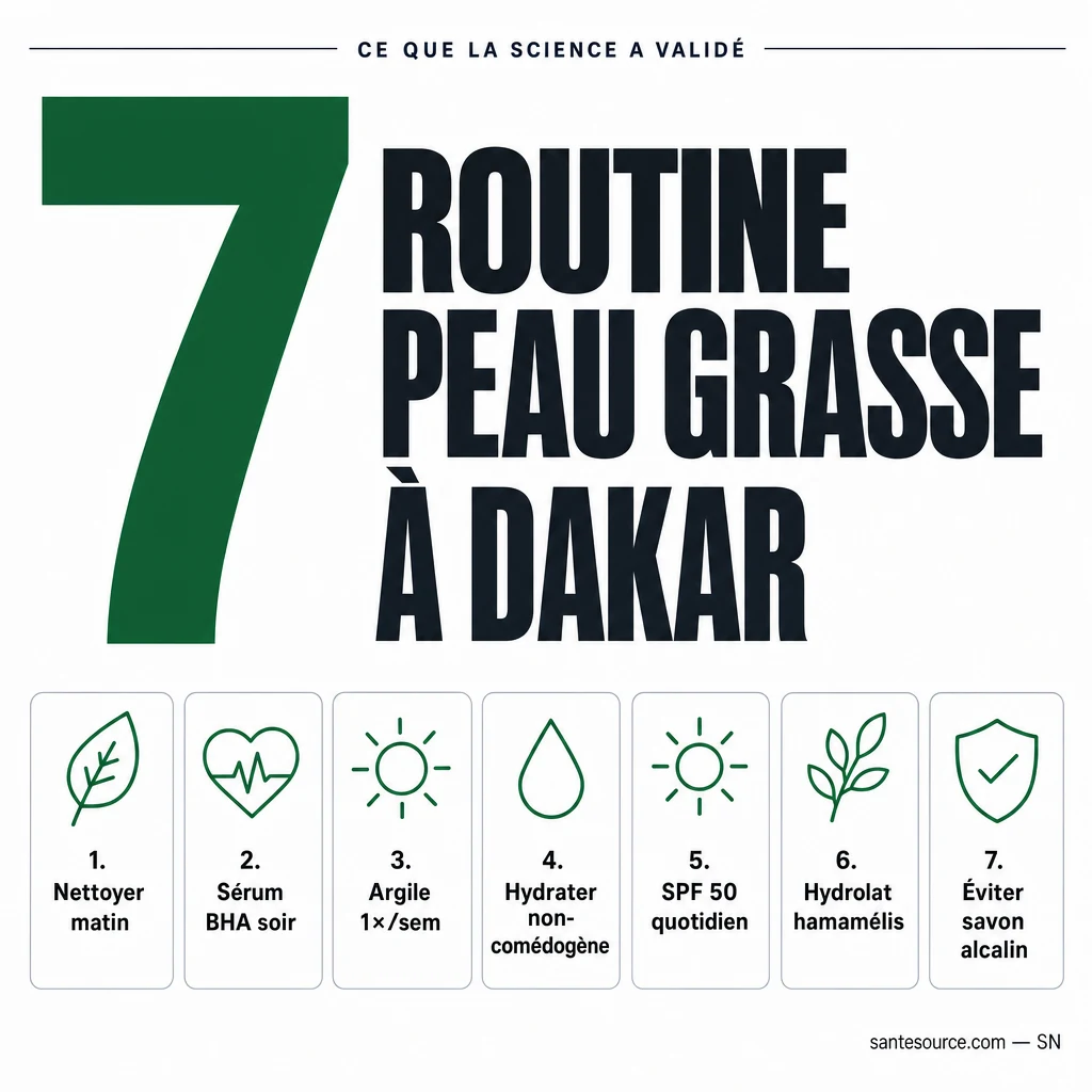 Recap des 7 étapes d'une routine peau grasse adaptée au climat de Dakar