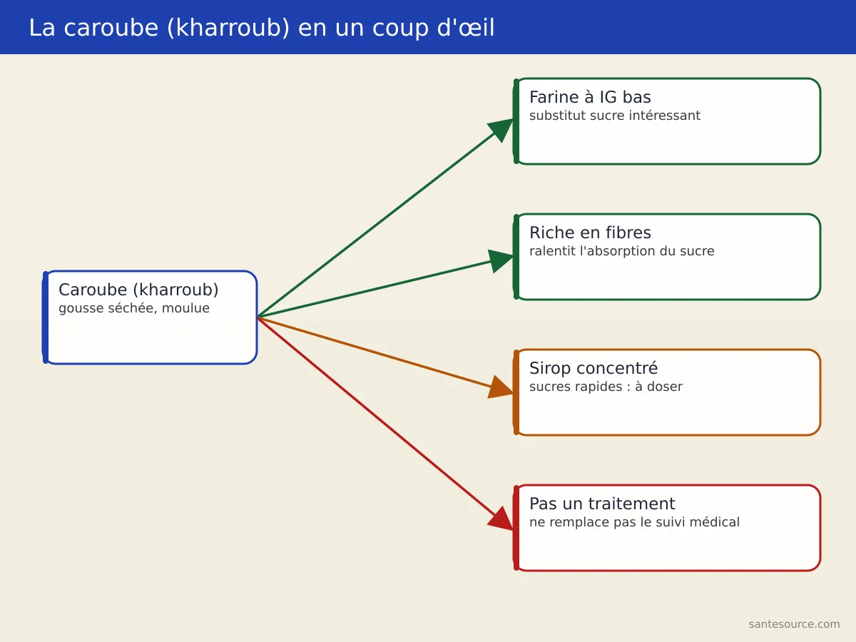 Carte mentale de la caroube kharroub comme substitut sucre à index glycémique bas pour les diabétiques au Maroc