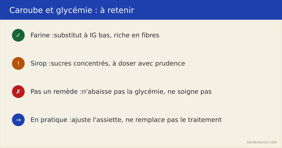 Récapitulatif des points clés sur la caroube et la glycémie : farine substitut, sirop à doser, jamais un traitement