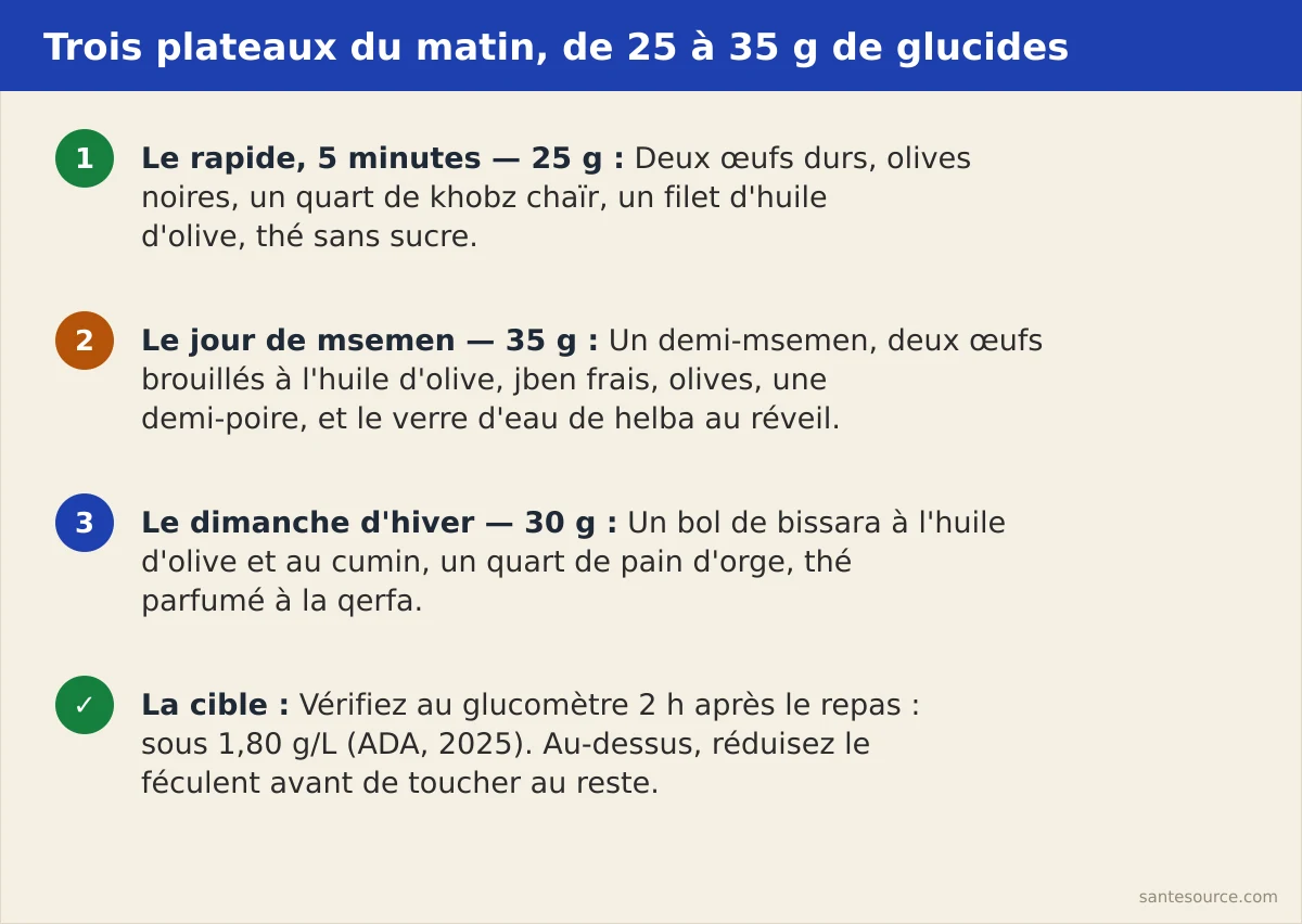 Récapitulatif des trois plateaux de petit-déjeuner adaptés au diabète au Maroc