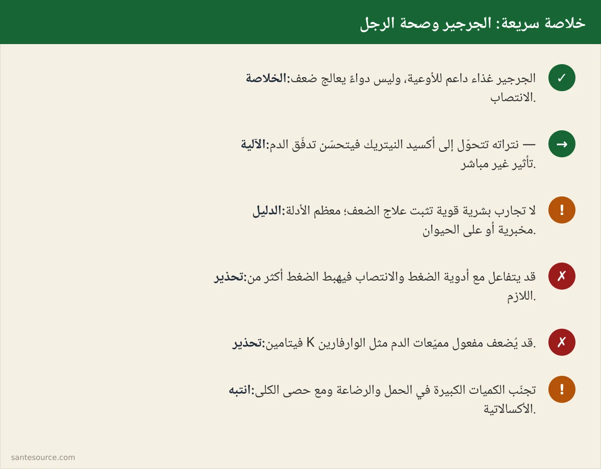 ملخّص سريع: الجرجير غذاء داعم للأوعية لا دواء، مع أبرز التحذيرات والتفاعلات