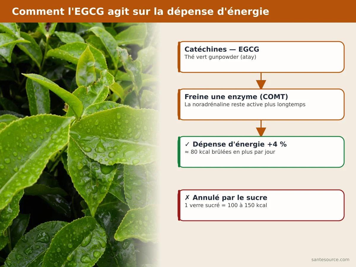 Schéma du mécanisme des catéchines et de l’EGCG du thé vert sur la dépense calorique