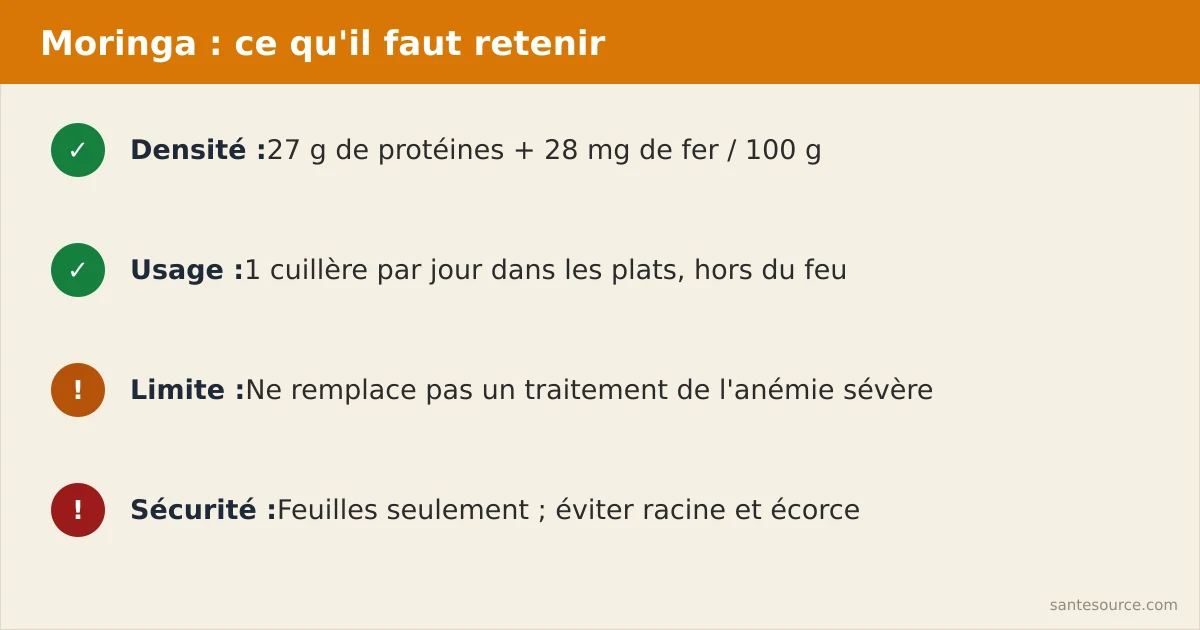 Récapitulatif des points clés sur le moringa contre la malnutrition et l'anémie