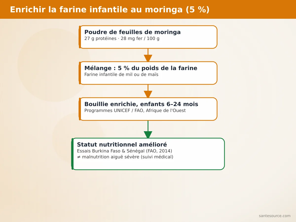 Schéma du protocole OMS-UNICEF d'enrichissement de la farine infantile à 5 % de poudre de moringa