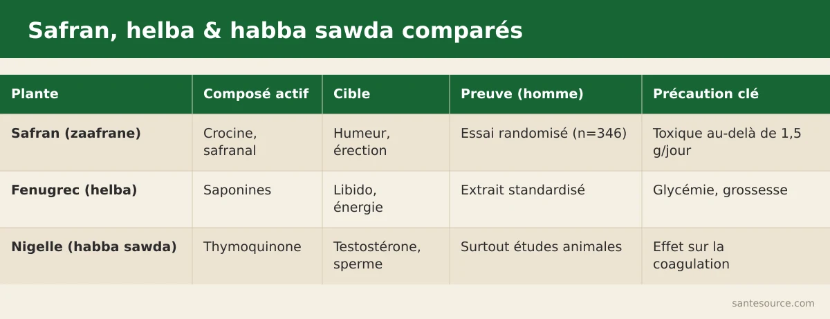 Comparaison du safran, du fenugrec helba et de la nigelle habba sawda pour la vitalité masculine au Maroc