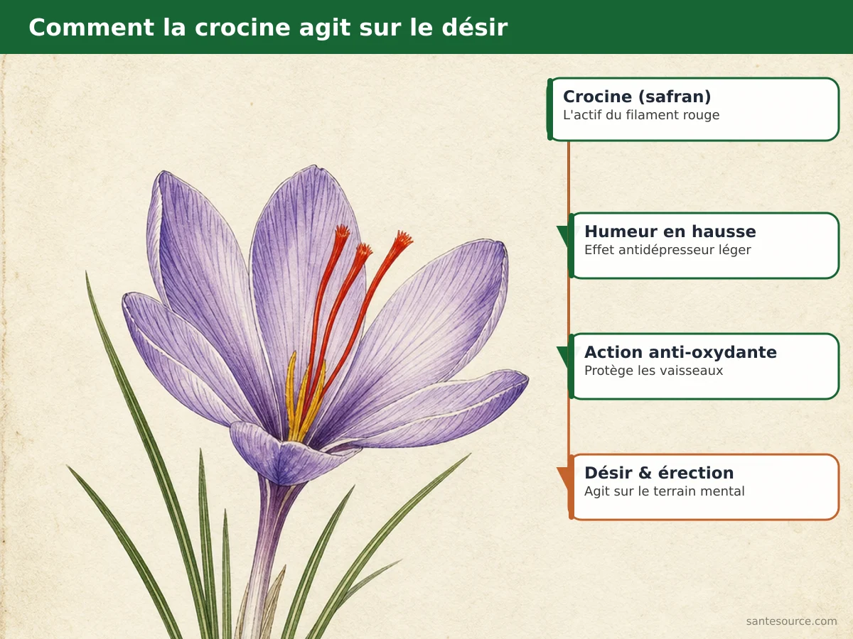 Carte mentale reliant la crocine du safran à l'humeur, la circulation et la fonction érectile chez l'homme