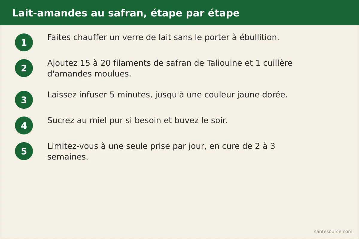 Étapes de préparation du lait chaud aux amandes et safran de Taliouine pour la vitalité