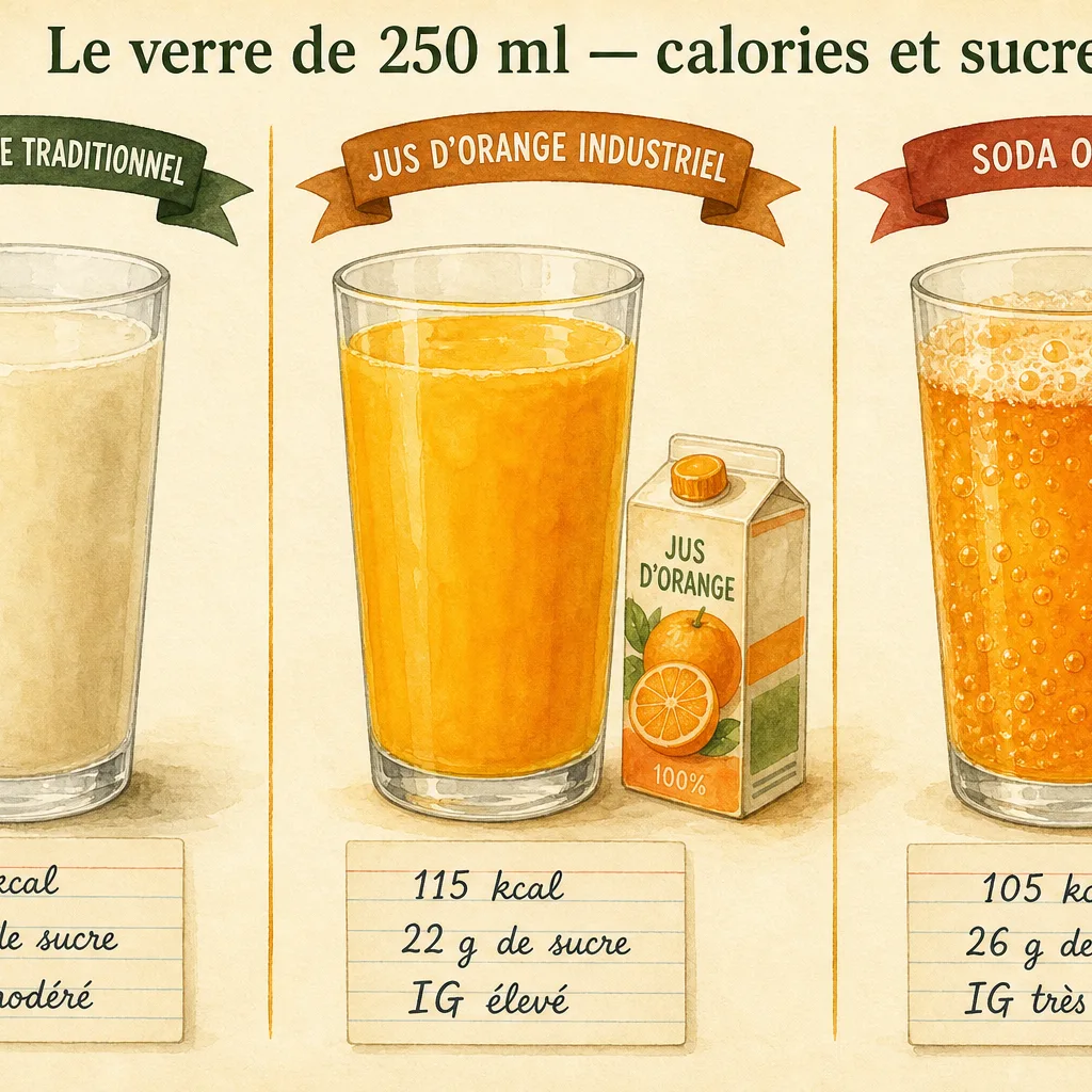 Triptyque comparatif de trois verres de 250 ml — jus de bouye traditionnel, jus d'orange industriel et soda orange — avec calories et sucre